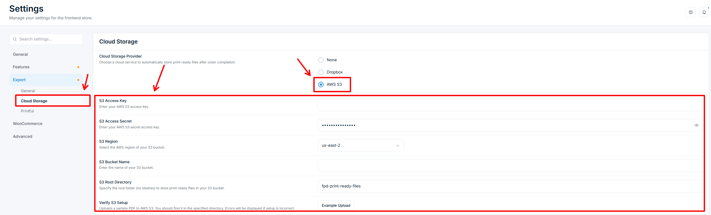 Settings — Export tab with AWS S3 fields
