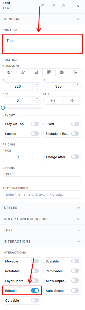 Product Builder — Textelement mit aktiviertem Interaktions-Schalter „Editable"