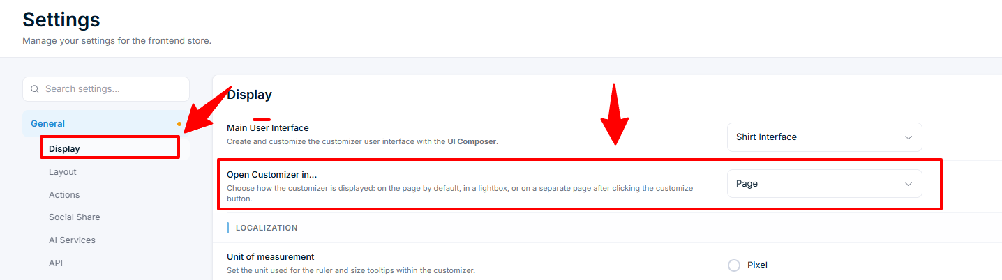 Settings — General Display with Open Customizer in... dropdown