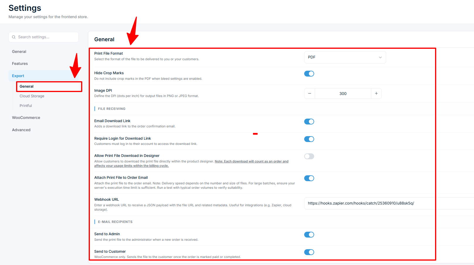 Settings β Export general and file receiving options