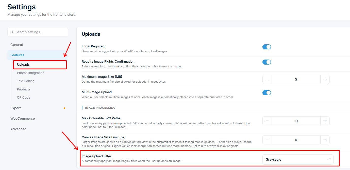 Settings β Features Uploads with Image Upload Filter