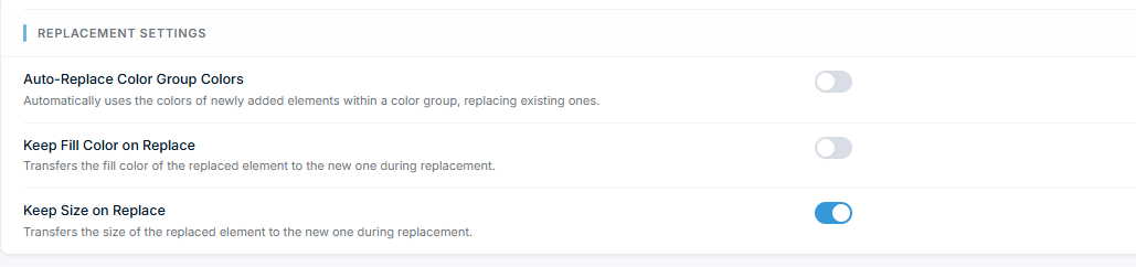 Settings > Advanced — Bereich Replacement Settings