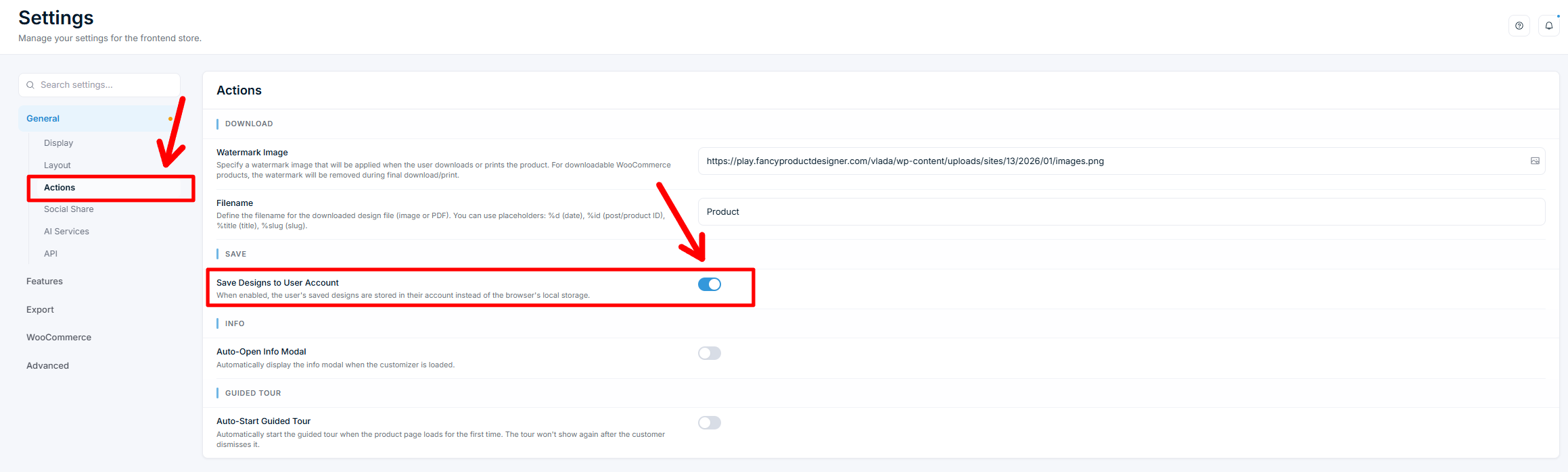 Settings — General, Actions, Abschnitt „Save" mit aktivierter Option „Save Designs to User Account"