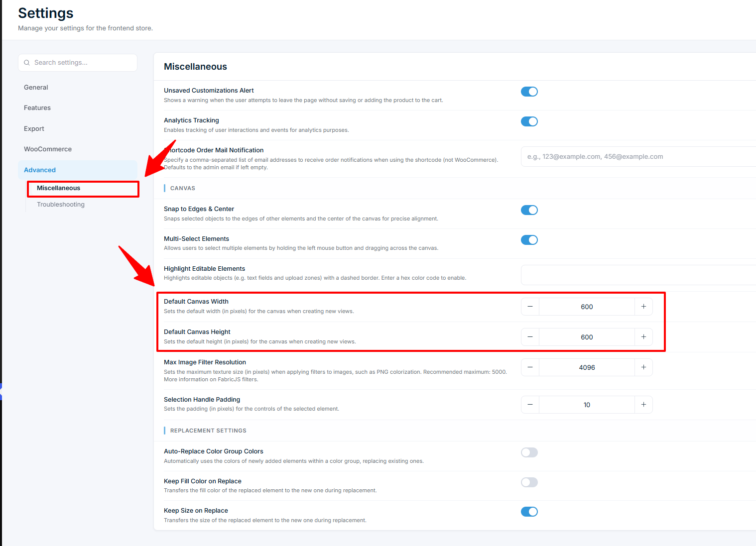 Settings — Advanced Miscellaneous with Default Canvas Width and Height
