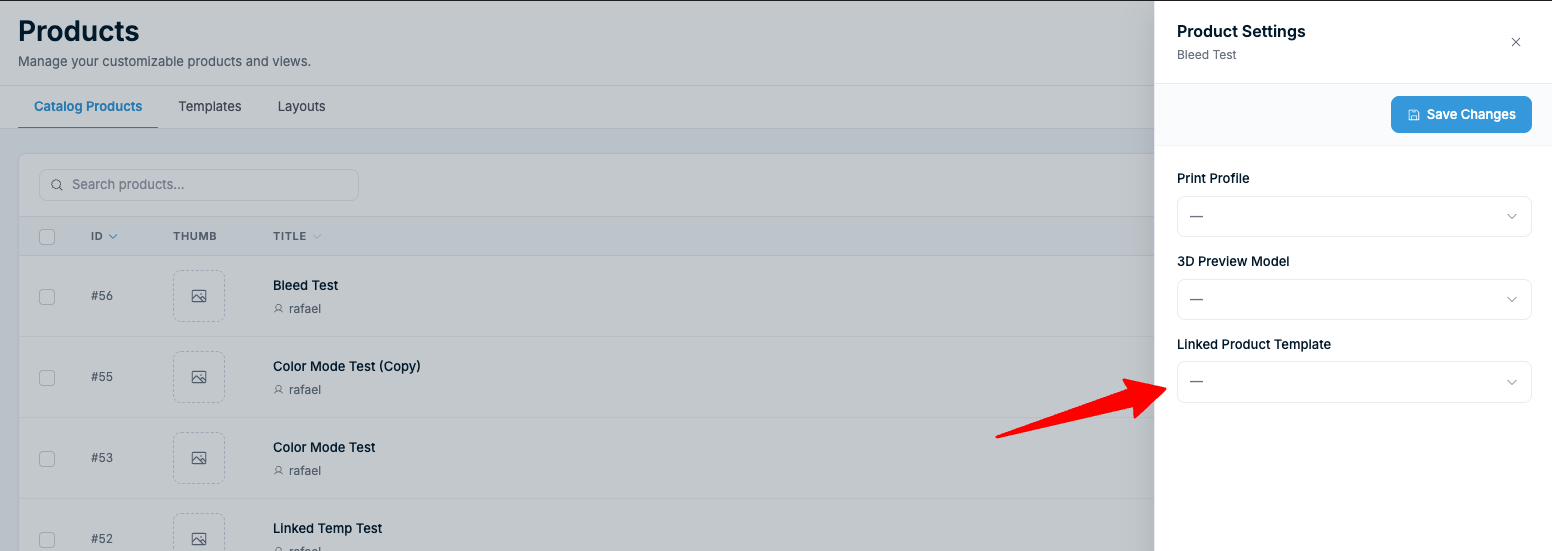 Product Settings — Dropdown Linked Product Template