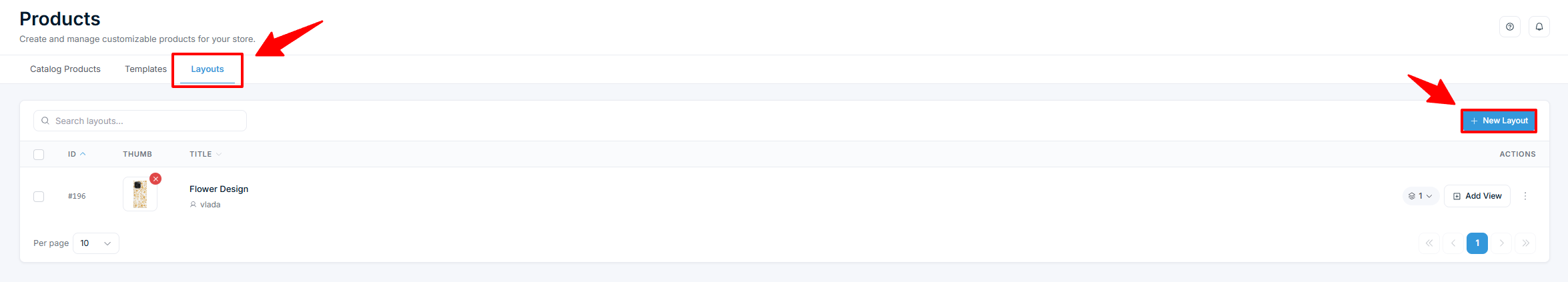 Products page — Layouts tab with New Layout button