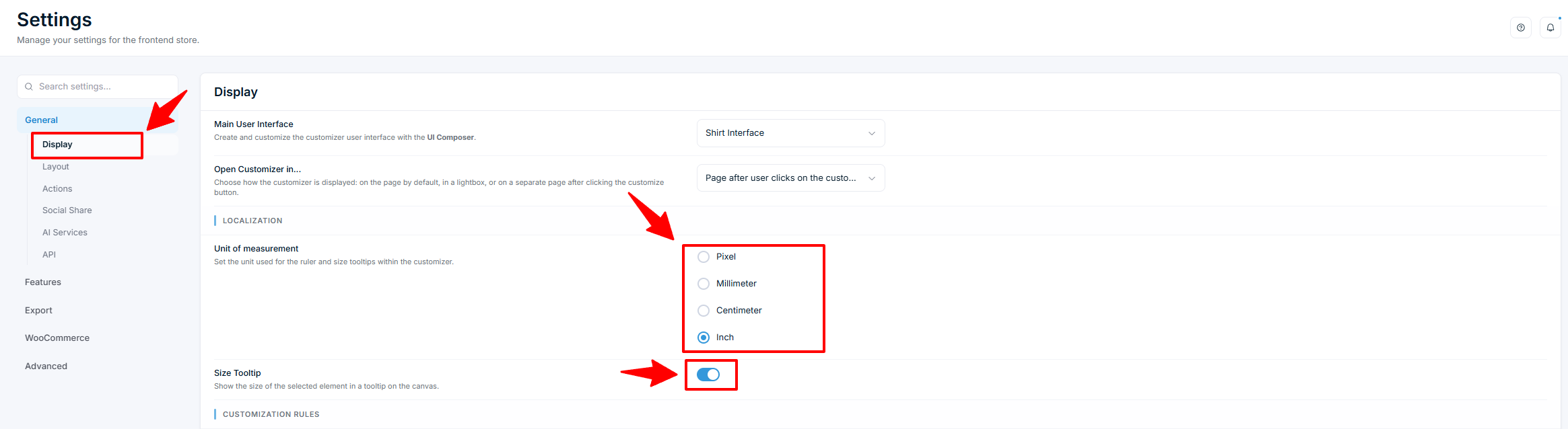 Settings — General Display with Unit of measurement and Size Tooltip