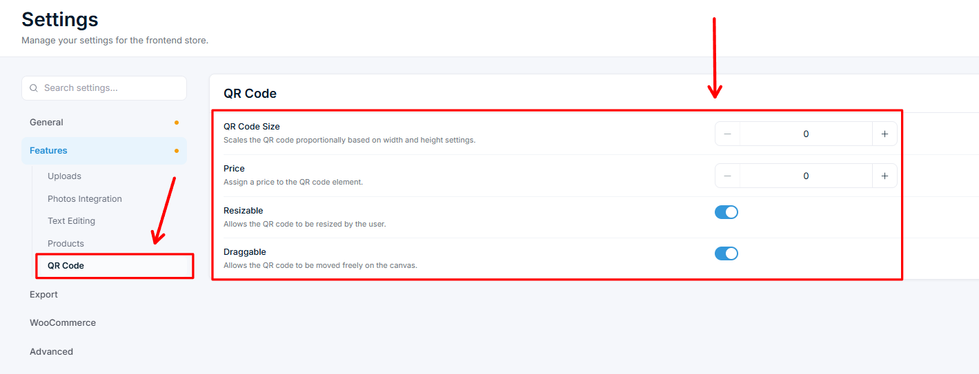Settings β Features, QR Code options for size, price, resizable, and draggable