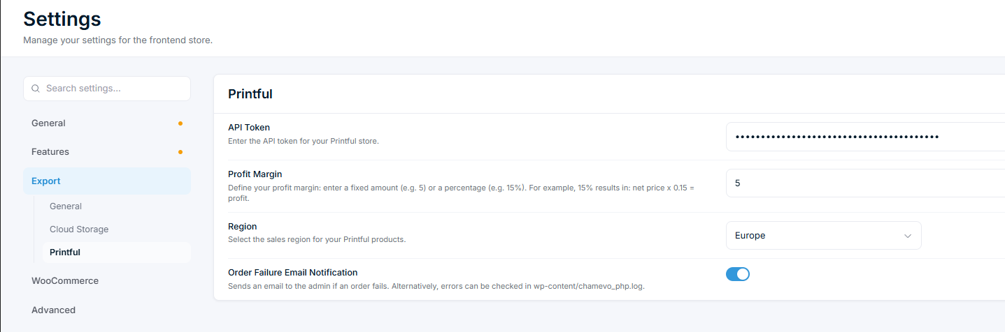 Settings β Printful API token and options