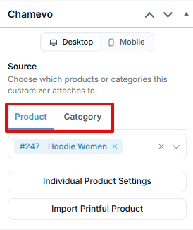 Chamevo panel — Source type set to Product or Category