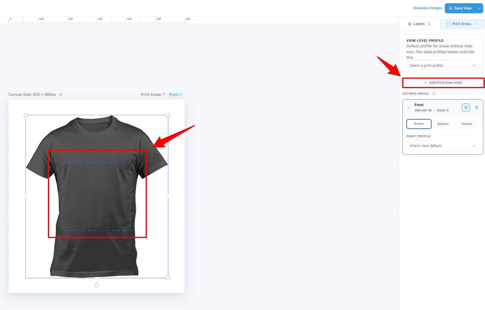 Product Builder — Druckbereich-Rahmen sichtbar auf dem Canvas über dem Hintergrundbild