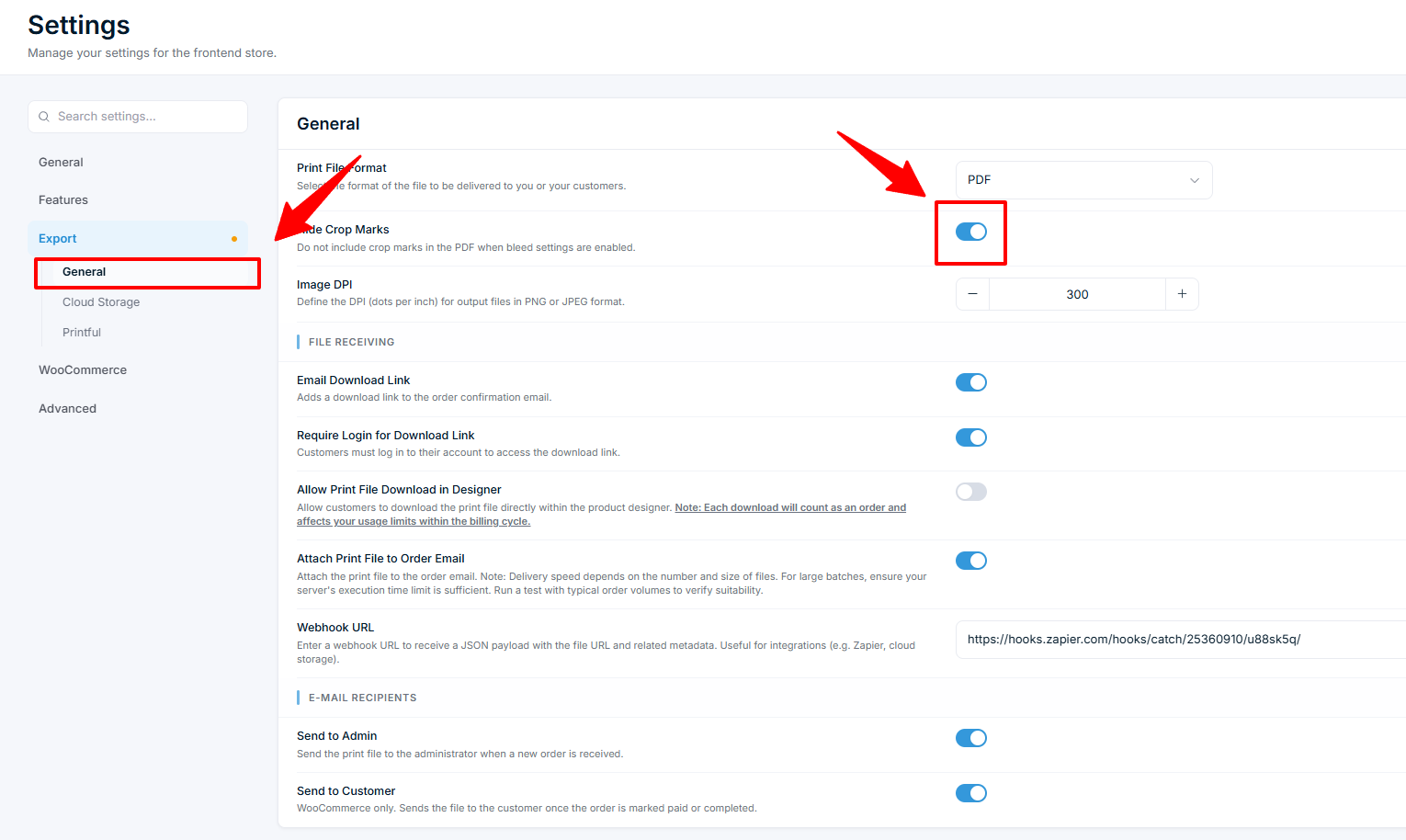 Settings — Export with Hide Crop Marks toggle