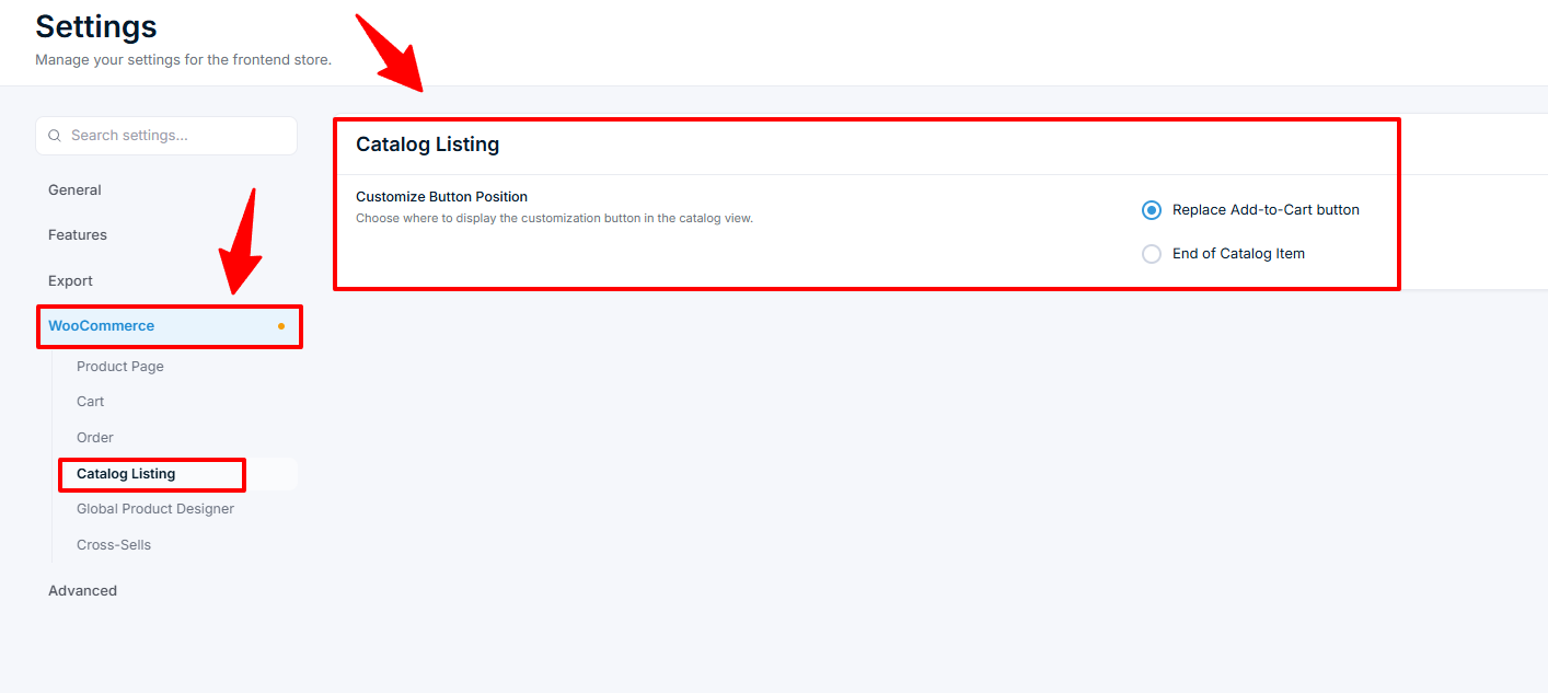 Settings — Catalog Listing panel with Customize Button Position