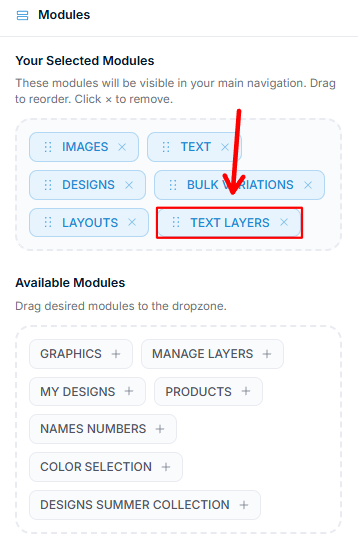 UI Composer, Tab „Modules" — „Text Layers" zu „Your Selected Modules" hinzugefügt