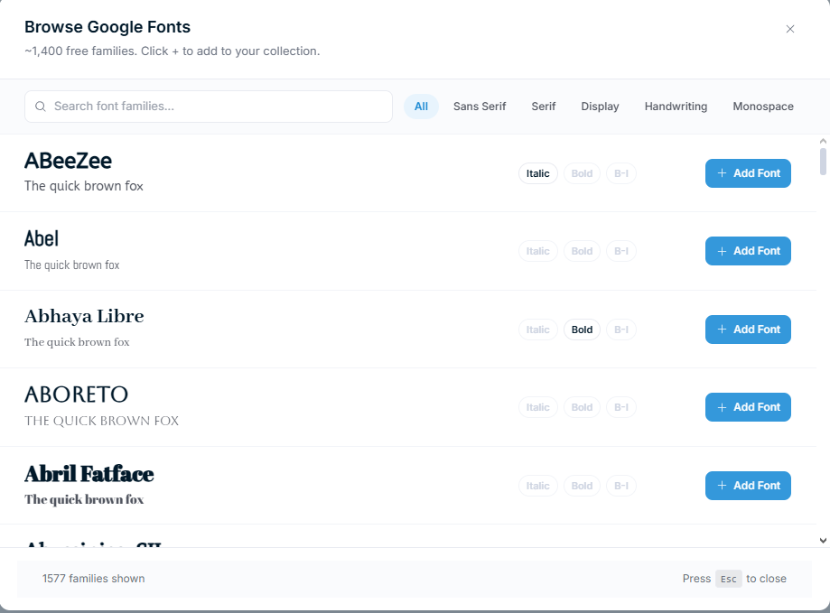 Font Manager — Browse Google Fonts modal