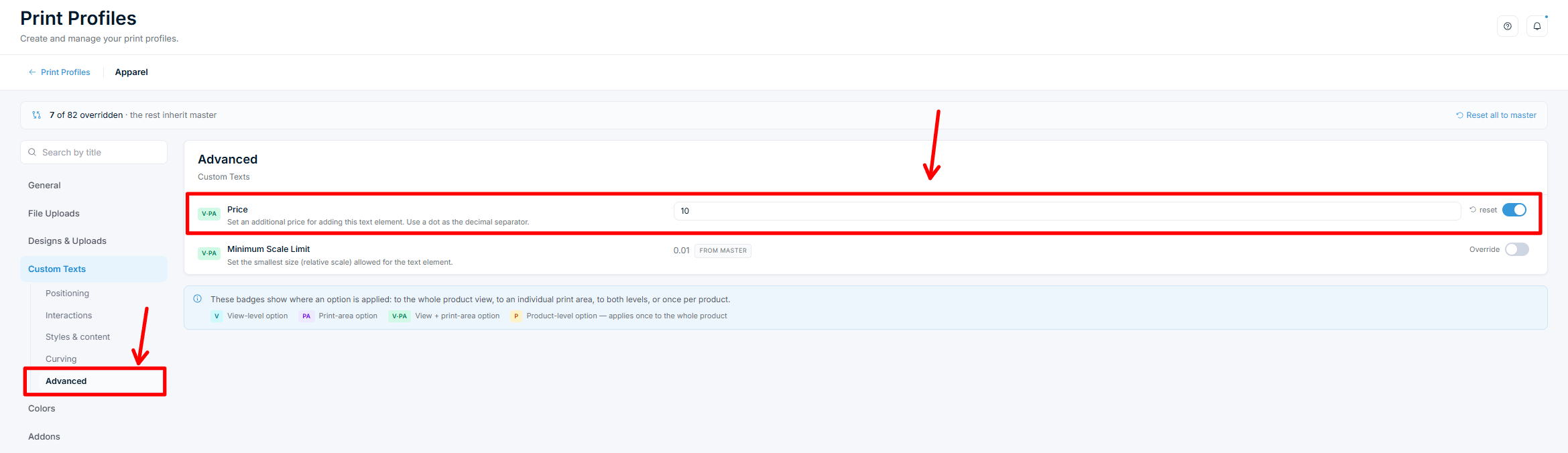 Print Profile Custom Texts tab, Advanced subsection, with the Price field highlighted