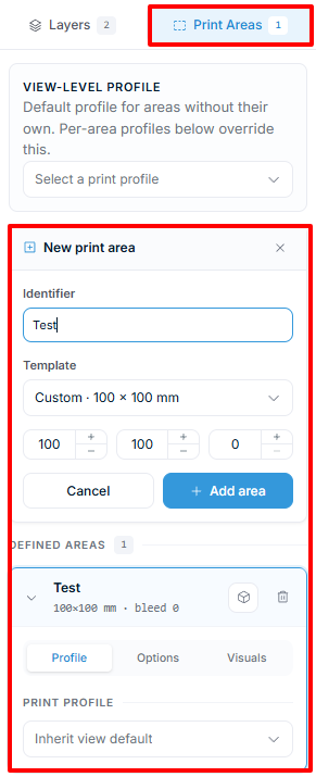 Print Areas panel β new print area form and defined areas list