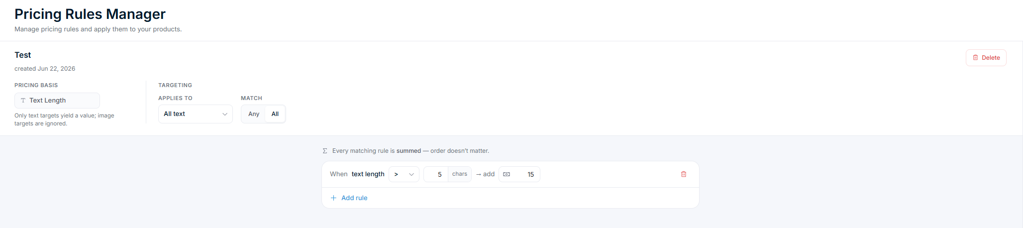 Pricing Rules Manager mit der Text Length-Gruppe, Applies to, dem Any/All-Match-Umschalter und einer When/Add-rule-Zeile