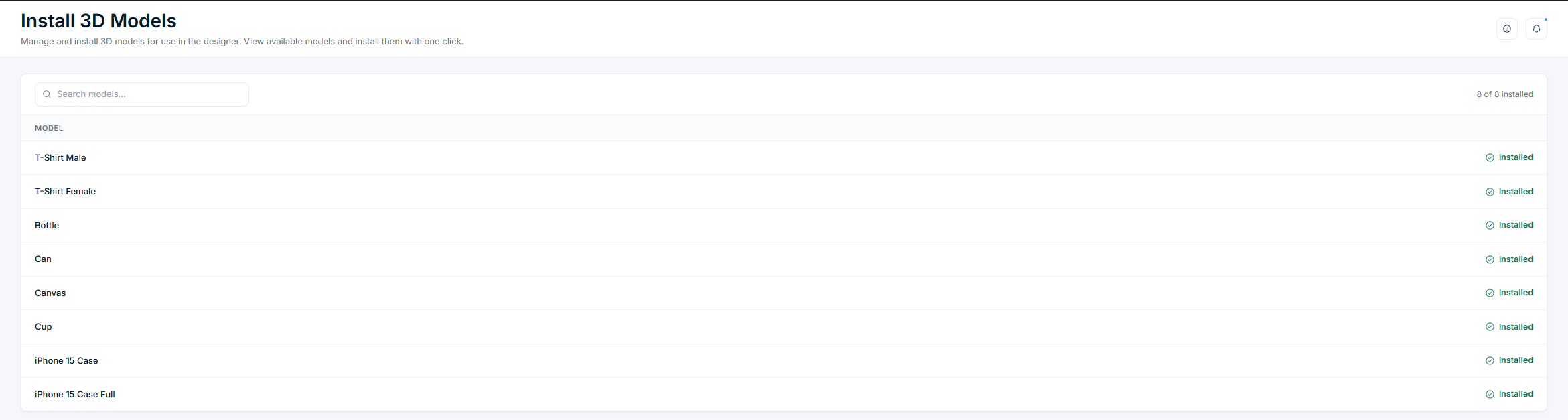 Install 3D Models page β prebuilt models list with Installed badges