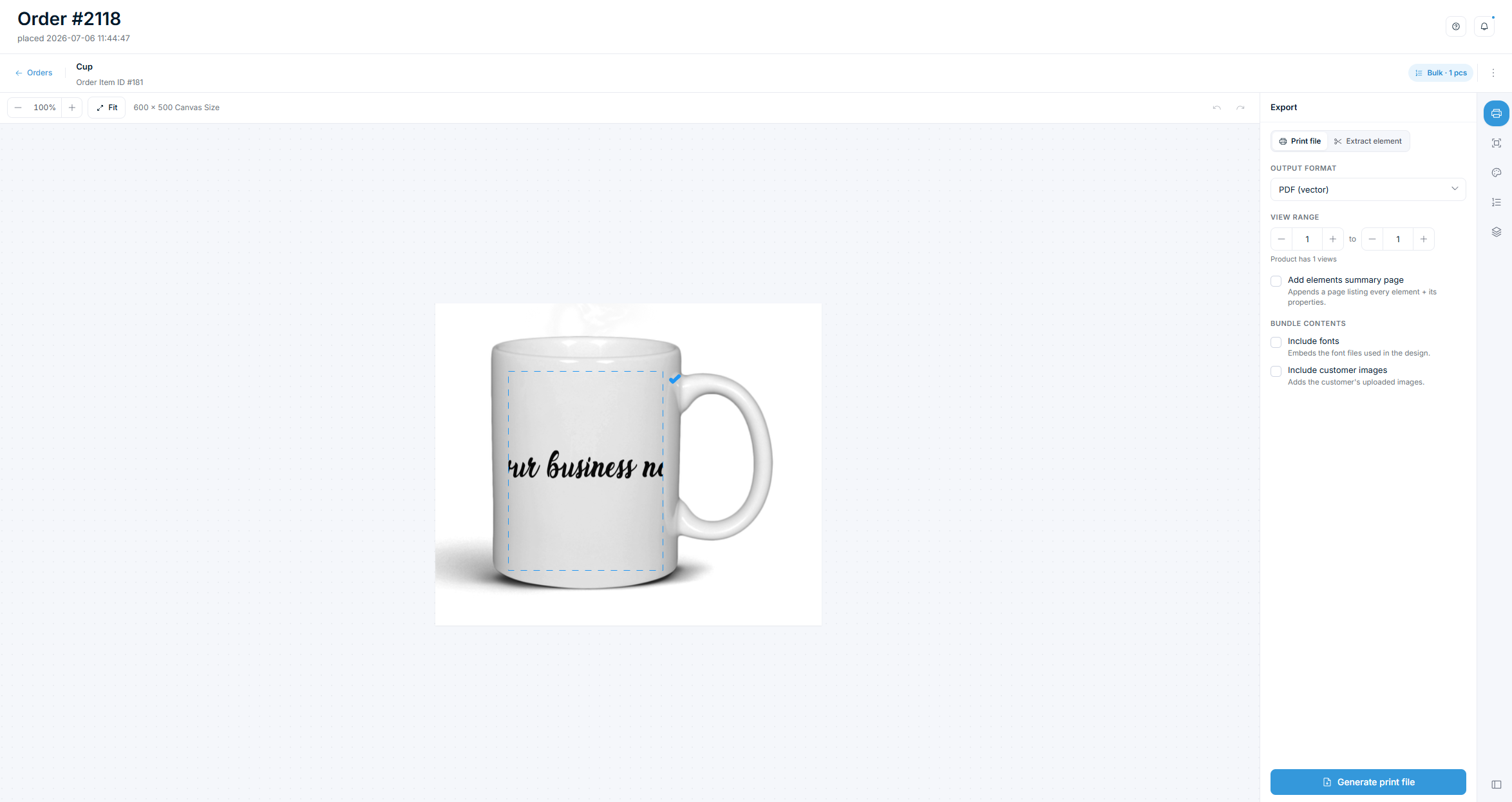 Order viewer — read-only design preview with export options