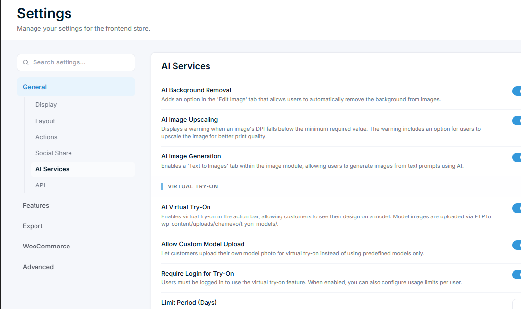 Settings β AI Services toggles