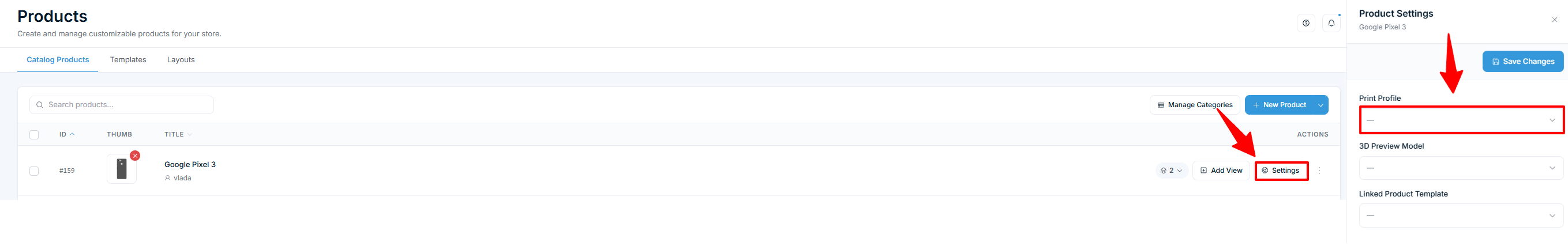 Products — Product Settings panel with Print Profile dropdown
