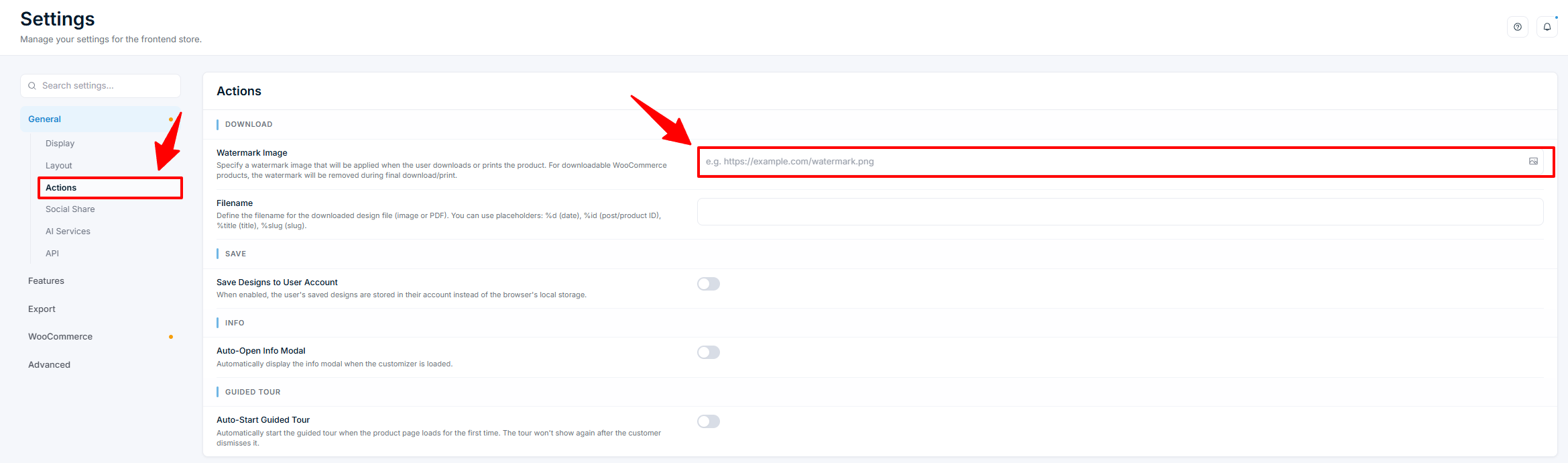 Settings — General Actions panel with Watermark Image field