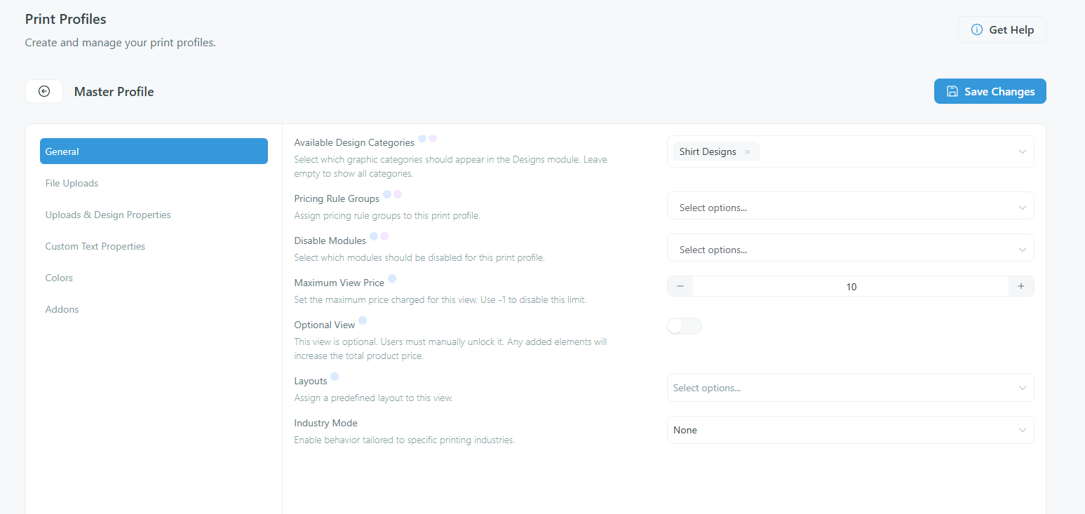 Print Profile – General Tab mit ausgewählten Graphic Categories