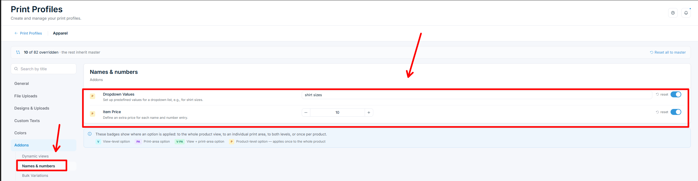 Print Profiles — Abschnitt „Addons, Names & numbers" mit den Feldern „Dropdown Values" und „Item Price"