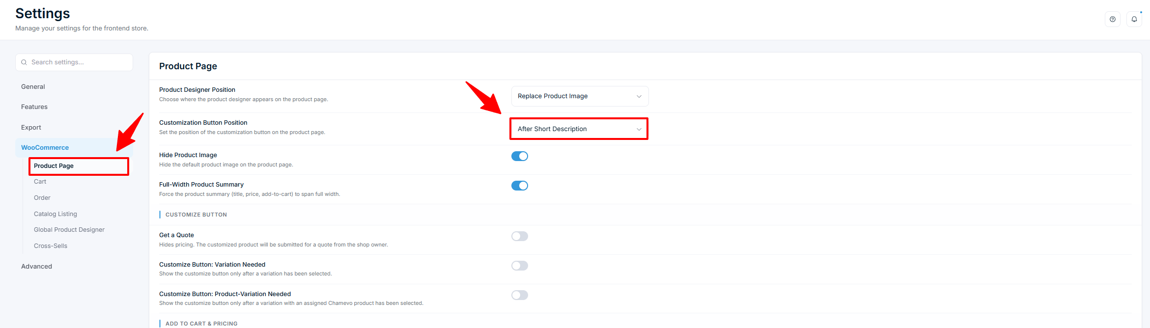 Settings — WooCommerce Product Page with Customization Button Position