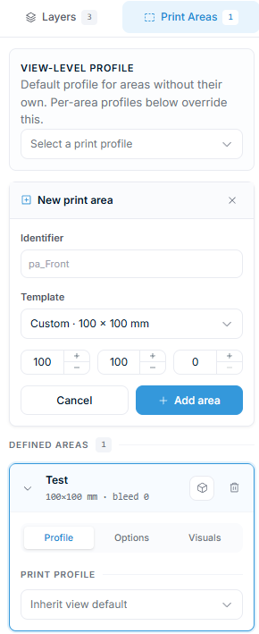 Print Areas panel — new print area form and defined areas list