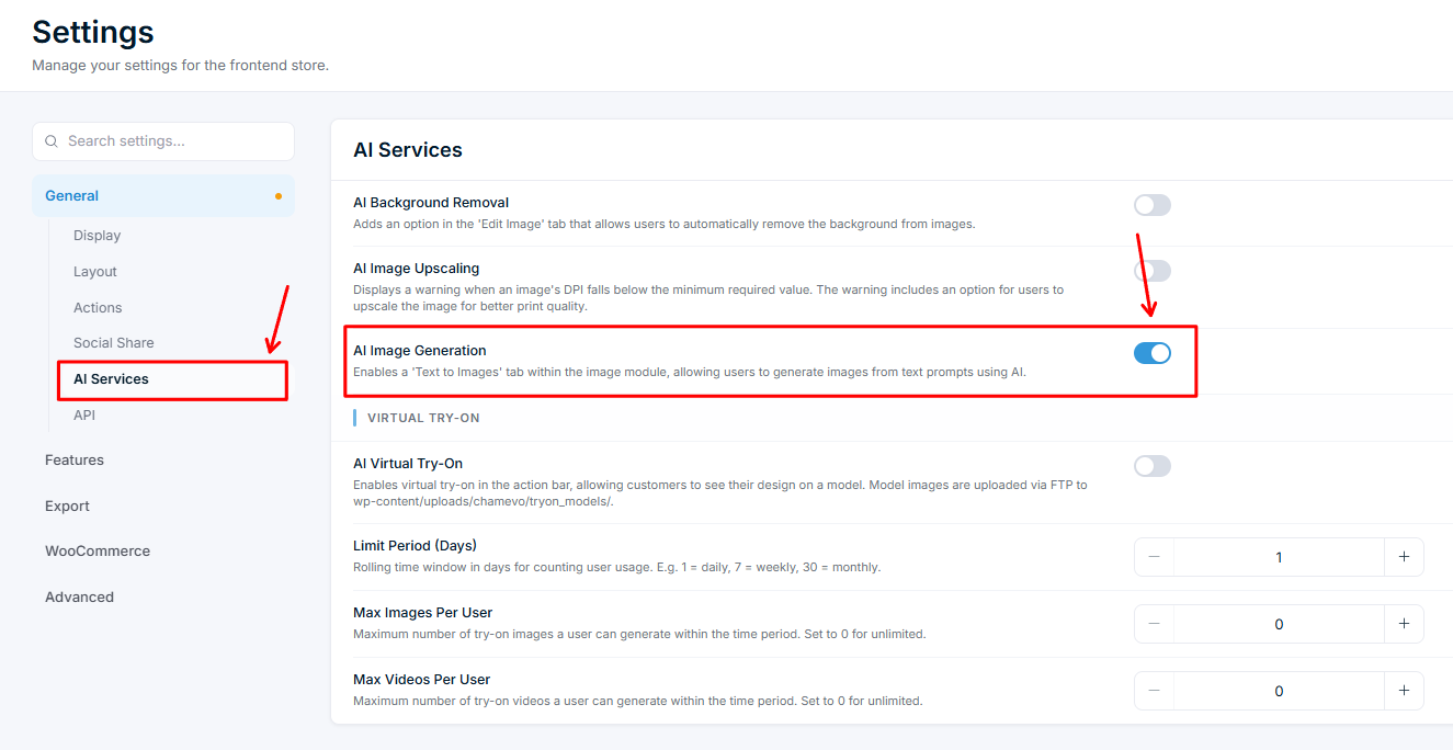 Settings — Schalter für AI Image Generation