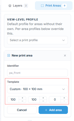 Product Builder β Print Areas tab with a print area's width and height