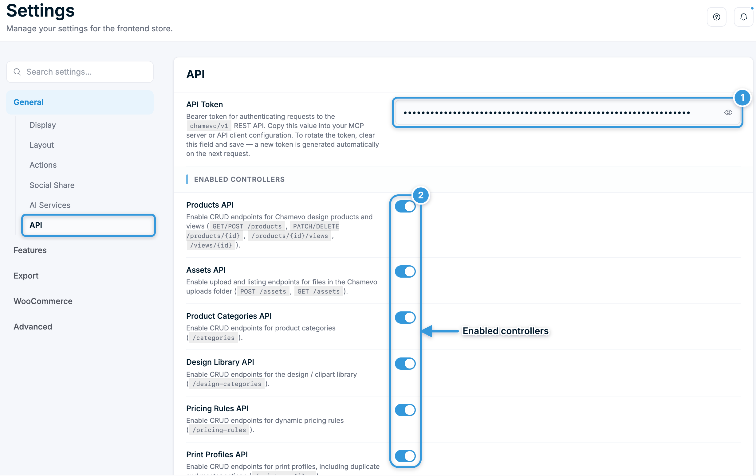 General Settings — API tab with token and controller toggles