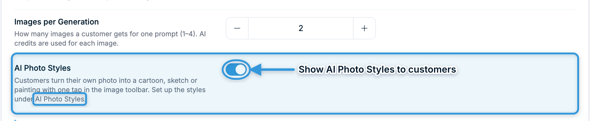 AI Services — AI Photo Styles checkbox